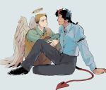  2boys all_saints_street angel_and_devil angel_wings black_hair black_shoes blue_shirt braid brown_hair brown_vest closed_mouth collared_shirt commentary_request demon_tail grey_pants halo highres looking_at_another lynn_angel male_focus multiple_boys nick_holt pants shirt shoes tail tensoba20230223 traditional_halo vest wings 