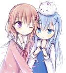  2girls :t ;) amakaze_sora angora_rabbit animal animal_on_head blue_dress blue_eyes blue_hair blush brown_hair cardigan closed_mouth dress gochuumon_wa_usagi_desu_ka? hair_between_eyes hair_ornament hairclip hoto_cocoa hoto_cocoa's_school_uniform kafuu_chino kafuu_chino's_school_uniform long_hair long_sleeves multiple_girls neck_ribbon on_head one_eye_closed pink_cardigan purple_eyes rabbit red_ribbon ribbon sailor_collar school_uniform shirt simple_background smile tippy_(gochiusa) upper_body white_background white_sailor_collar white_shirt winter_uniform x_hair_ornament 