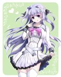  1girl 9-nine- :q ass_visible_through_thighs belt black_bow blue_eyes blunt_bangs blush border bow bowtie breasts butterfly_hair_ornament closed_mouth collarbone commentary_request cowboy_shot dress finger_to_mouth floating_hair frilled_dress frills fuyu_(winter90290612) garter_straps green_background grey_belt hair_bow hair_intakes hair_ornament hakusen_academy_school_uniform hand_up heart holding_own_dress index_finger_raised kousaka_haruka large_breasts long_hair looking_at_viewer outline outside_border pink_bow pink_bowtie polka_dot polka_dot_bow purple_hair school_uniform short_dress sidelocks simple_background smile solo split_mouth thighhighs tongue tongue_out two_side_up very_long_hair white_border white_dress white_outline white_thighhighs zettai_ryouiki 