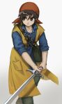  1boy bag bandana black_hair brown_eyes collared_shirt commentary_request dragon_quest dragon_quest_viii feet_out_of_frame fighting_stance grey_pants hair_between_eyes hero_(dq8) highres looking_to_the_side male_focus nogo_(nogo_059) pants red_bandana shirt short_hair shoulder_bag sleeves_rolled_up solo vest white_background yellow_vest 