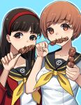  2girls :t amagi_yukiko black_eyes black_hair black_sailor_collar blue_background blush breasts brown_eyes brown_hair closed_mouth commentary eating english_commentary food food_in_mouth hairband hands_up highres holding holding_food holding_skewer kuki_tan long_hair long_sleeves medium_breasts multiple_girls neckerchief persona persona_4 red_hairband sailor_collar sailor_shirt satonaka_chie school_uniform serafuku shirt shish_kebab short_hair short_sleeves simple_background skewer sparkle straight_hair tareme upper_body white_shirt yasogami_school_uniform yellow_neckerchief 