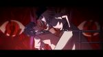  2girls arched_back arm_support bang_dream! bang_dream!_it's_mygo!!!!! belt black_border border brown_eyes clothes_grab collar_grab collared_shirt commentary_request dark_background diagonal-striped_clothes diagonal-striped_necktie eye_contact eye_symbol feet_out_of_frame from_side green_necktie grey_skirt handrail haneoka_school_uniform highres leaning_forward letterboxed looking_at_another medium_hair misumi_uika multiple_girls necktie neckwear_grab parted_lips profile purple_eyes red_background scene_reference school_uniform seine_(hanamukes) shirt shirt_tucked_in short_hair short_sleeves shoujo_kageki_revue_starlight skirt striped_clothes striped_necktie sweater_vest takamatsu_tomori togawa_sakiko underlighting white_shirt 