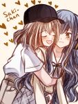 2girls absurdres bang_dream! bang_dream!_it's_mygo!!!!! baseball_cap black_hat blonde_hair blue_hair blush closed_eyes commentary_request hat heart highres hug hug_from_behind long_hair medium_hair misumi_uika multiple_girls open_mouth seine_(hanamukes) shirt short_sleeves sidelocks togawa_sakiko white_shirt yellow_eyes yuri 