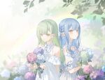  2girls absurdres bang_dream! bang_dream!_it's_mygo!!!!! blue_hair commentary_request detached_sleeves dress flower frilled_dress frills green_hair hair_ornament hairclip highres hydrangea logo long_hair maoerduo_meow multiple_girls parted_lips rain sidelocks togawa_sakiko wakaba_mutsumi white_dress yellow_eyes 
