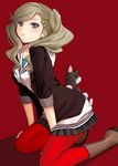  blue_eyes brown_hair cat earrings hair_ornament hijiri_ruka jewelry long_hair morgana_(persona_5) pantyhose persona persona_5 red_legwear solo takamaki_anne twintails wavy_hair 