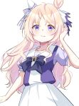  1girl animal_ears blonde_hair blue_eyes blush bow bowtie breasts closed_mouth collarbone commentary_request ear_covers hair_between_eyes highres horse_ears horse_girl long_hair looking_at_viewer pleated_skirt puffy_short_sleeves puffy_sleeves purple_bow purple_bowtie purple_shirt sailor_collar sailor_shirt school_uniform shirt short_sleeves simple_background single_ear_cover skirt small_breasts smile solo summer_uniform tracen_school_uniform umamusume victoire_pisa_(umamusume) white_background white_sailor_collar white_skirt yoru_(user_vewa8437) 
