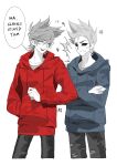  2boys absurdres animification annoyed antenna_hair blue_hoodie canon_event chinese_commentary commentary_request cropped_legs crossed_arms drawstring eddsworld elbowing english_text eye_contact hair_behind_ear hair_ears highres hollow_eyes hood hood_down hoodie long_sleeves looking_at_another male_focus mengyou_saojie multiple_boys open_mouth partially_colored red_hoodie scene_reference short_hair simple_background smile source_quote speech_bubble spiked_hair tom_(eddsworld) tord_(eddsworld) white_background 