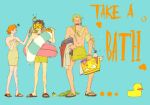  ... 1girl 2boys aqua_background bare_shoulders black_hair collarbone commentary english_text full_body green_hair hair_up highres holding lixiangqian looking_at_another monkey_d._luffy multiple_boys naked_towel nami_(one_piece) one_piece open_mouth orange_hair roronoa_zoro rubber_duck sandals short_hair snorkel squiggle standing straw_hat_pirates swim_ring topless_male towel untranslatable_commentary unworn_clothes yawning 