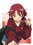  1girl 6kan alternate_hairstyle bag black_bag border candy casual commentary_request denim denim_shorts food gradient_background grin hair_bun hair_up hand_up highres holding holding_candy holding_food holding_lollipop hood hood_down hoodie jacket jewelry light_blush lollipop long_sleeves looking_at_viewer mahou_shoujo_madoka_magica mahou_shoujo_madoka_magica_(anime) outside_border red_hoodie red_jacket ring sakura_kyoko shorts single_side_bun smile solo teeth upper_body white_border 