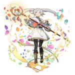  1girl artist_request black_pantyhose black_shirt blue_petals boots brown_boots capelet commentary earrings elf english_commentary expressionless frieren full_body game_asset gold_trim grand_summoners grey_hair hair_over_shoulder hands_up holding holding_staff jewelry long_hair long_pointy_ears long_sleeves looking_at_viewer mage_staff official_art pantyhose parted_bangs petals pink_petals pointy_ears purple_petals shirt skirt solo sousou_no_frieren staff standing striped_clothes striped_shirt teardrop_earrings thick_eyebrows third-party_source transparent_background twintails white_capelet white_shirt white_skirt yellow_petals 