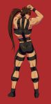  1boy ashensol ass bondage_outfit brown_hair commentary cosplay english_commentary from_behind full_body guilty_gear headband highres hot_limit long_hair male_focus muscular muscular_male nishikawa_takanori nishikawa_takanori_(cosplay) ponytail red_background red_headband sol_badguy solo standing t.m.revolution wristband 