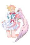  1boy apron aqua_eyes blonde_hair bow bowtie cloud_strife crossdressing crossdressing_(mtf) curtsey dress earrings feathered_wings final_fantasy final_fantasy_vii hair_over_one_eye highres jewelry kneeling maid_apron male_focus parted_lips pink_dress pink_headdress pointy_ears puffy_short_sleeves puffy_sleeves q77387952 red_bow red_bowtie sharp_teeth short_hair short_sleeves single_wing solo teeth waist_apron white_background wings 