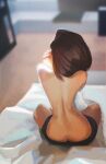  1girl art_study ass bare_back black_shorts blurry blurry_background brown_hair claus_yu commentary english_commentary from_behind full_body highres holding holding_towel indian_style long_hair on_bed original photo-referenced photoshop_(medium) shorts sitting solo topless_female towel 
