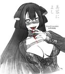  blood blood_in_mouth blood_on_face breasts choker cleavage collarbone large_breasts long_hair long_sleeves nutcracker_(tokyo_ghoul) slit_pupils smile solo tokyo_ghoul tokyo_ghoul:re touyama_maki twitter_username upper_body white_background 
