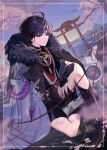  1boy ahoge aiguillette arm_on_knee armor bishounen black_bodysuit black_hair black_kimono black_sandals black_shorts black_sleeves black_trim blunt_ends bodysuit border cherry_blossoms closed_mouth coat coat_on_shoulders commentary_request crying crying_with_eyes_open dutch_angle expressionless fatui_coat fur-trimmed_coat fur_trim gem genshin_impact gold gold_trim grey_sleeves highres japanese_armor japanese_clothes jewelry juban kimono knee_up kote kurokote lapels layered_sleeves male_focus mandarin_collar mitsudomoe_(shape) mountainous_horizon neck_ring night o-ring open_clothes open_coat open_hand open_kimono purple_eyes purple_gem purple_sash red_kimono ripples sandals sash scaramouche_(genshin_impact) shiromiya_shino short_sleeves shorts sitting sky solo star_(sky) starry_sky stirrup_legwear tears toeless_legwear tomoe_(symbol) torii tree tsurime vase white_border white_coat white_kimono wispy_bangs zouri 