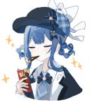  1girl bird_hat_ornament black_bow black_bowtie black_capelet black_hat blue_hair blue_necktie bow bowtie braid braided_hair_rings capelet closed_mouth collared_shirt commentary_request deerstalker food food_in_mouth grey_vest hair_bow hair_rings hat hat_bow highres long_sleeves mahou_shoujo_no_majo_saiban necktie pocky pocky_in_mouth shirt short_hair simple_background solo sparkle tachibana_sherry upper_body vest wawawawa0820 white_background white_shirt 