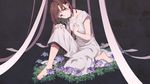  barefoot black_eyes brown_hair commentary_request dress flower hand_on_own_chest highres looking_at_viewer original short_hair simple_background sitting solo sonomura white_dress 