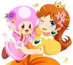  2girls blue_eyes blush brown_hair crown dress flower gloves haniwa_(8241427) hug jewelry multiple_girls nintendo open_mouth pink_eyes pink_hair princess_daisy short_hair simple_background smile super_mario_bros. toadette twintails white_background wink 