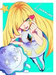  1girl bare_shoulders black_leggings blonde_hair breasts character_name dress finger_heart gem green_eyes green_gem green_nails hair_over_one_eye heart highres leggings long_hair looking_at_viewer lusamine_(pokemon) mature_female mccheese medium_breasts multicolored_leggings nihilego open_mouth pokemon pokemon_(creature) pokemon_sun_and_moon shoes sleeveless sleeveless_dress smile star_(symbol) teeth tentacles two-tone_leggings very_long_hair white_dress white_leggings 