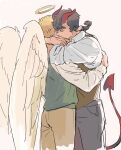  2boys all_saints_street angel_wings black_hair brown_hair brown_pants brown_vest commentary_request demon_tail grey_pants halo highres hug lynn_angel male_focus multiple_boys nick_holt pants shirt short_hair tail tensoba20230223 traditional_halo vest white_shirt wings yaoi 