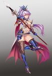  :d belt boots breasts cape cleavage fantasy gauntlets gorget gradient gradient_background hair_ornament high_heel_boots high_heels highres large_breasts long_hair mismatched_legwear mxj navel open_mouth original purple_hair shoulder_armor smile solo spaulders thighhighs yellow_eyes 