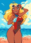  1girl adjusting_eyewear arm_up beach blonde_hair blue_sky bottle breasts cloud cloudy_sky commentary covered_navel dark-skinned_female dark_skin english_commentary highleg highleg_one-piece_swimsuit holding holding_bottle lifeguard lifeguard_(lilo_&amp;_stitch) lilo_&amp;_stitch long_hair looking_at_viewer ocean one-piece_swimsuit outdoors pixel_art red_one-piece_swimsuit sky smile solo standing sunglasses swimsuit tan thisislux 