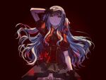  1girl arm_up bang_dream! bang_dream!_it's_mygo!!!!! black_corset black_ribbon black_skirt blue_hair commentary_request corset crying crying_with_eyes_open gloves grey_gloves hair_ribbon highres long_hair oblivionis_(bang_dream!) red_background red_shirt ribbon seine_(hanamukes) shirt sidelocks skirt solo tears togawa_sakiko 