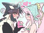  2girls black_gloves black_hair black_suit blue_eyes blush bubble cigarette commentary_request dolphin_girl full-face_blush gloves heart highres jewelry kerberos_(kerbe_) korean_commentary marriage_proposal multiple_girls necklace orca_girl original pink_hair ring scar scar_on_face shirt simple_background smoke smoking speech_bubble suit wedding_ring white_shirt yes yuri 