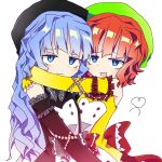  1boy 1girl back_bow black_dress black_hat blue_eyes blue_hair bow dress frilled_dress frills furfur green_hat hat highres hug orange_hair suikabe_(user113791398) umineko_no_naku_koro_ni wavy_hair yellow_dress zepar 