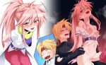  1boy 1girl :d absurdres arche_klein armor black_bodysuit blonde_hair blush bodysuit bracelet breasts brown_eyes clothed_sex commission cress_albane earrings elbow_gloves gloves green_scarf headband heart heavy_breathing hetero highres instant_loss jewelry kukiyuusha leaning_forward long_hair navel nipples open_mouth pants penis pink_eyes pink_gloves pink_hair pink_pants ponytail pussy pussy_juice red_headband reverse_cowgirl_position scarf sex short_hair small_breasts smile star_(symbol) straddling sweat tales_of_(series) tales_of_phantasia testicles uncensored wide_ponytail 
