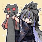  1girl :d animal animal_ears animal_on_head animal_print animalization araya_(project_moon) arrow_(symbol) black_eyes black_hair blue_kimono blue_sash blue_streaks blunt_bangs blunt_sidelocks butterfly_print butterfly_print_kimono cat cat_ears cat_on_head child chinese_commentary commentary_request fang fish grey_eyes highres holding holding_animal holding_cat japanese_clothes jitome kemonomimi_mode kimono limbus_company long_hair long_sleeves longcat_(meme) meme multicolored_hair obi on_head open_mouth outline outstretched_arms parsley_q print_kimono project_moon red_eyes ren_(project_moon) ryoshu_(project_moon) sash sidelocks skin_fang smile streaked_hair twitter_username very_long_hair white_outline wide_sleeves yellow_background 