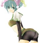  1girl 2000s_(style) ass bike_shorts black_gloves black_shorts blue_eyes blue_hair brown_shirt brown_skirt closed_mouth commentary_request cowboy_shot crop_top cropped_jacket double_bun elbow_gloves gloves hair_bun hat hunter_(ragnarok_online) jacket jester_cap looking_at_viewer midriff miniskirt oka_yukayu ragnarok_online shirt short_hair short_sleeves shorts shorts_under_skirt simple_background skirt smile solo white_background white_jacket 