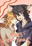  1boy 1girl 24-hour_relay ahoge animal_ears black_hair black_shirt blush_stickers breasts brother_and_sister cat_boy cat_ears cat_girl cat_tail cheek-to-cheek chinese_commentary closed_eyes commentary_request ear_tufts english_text family_bonding grey_shirt hair_between_eyes halftone halftone_background happy_new_year hawkfrost heads_together highres long_hair medium_breasts mothwing new_year nuzzle personification shirt short_hair short_sleeves siblings single_blush_sticker tail the_new_prophecy u_u variant_set warrior_cats wending_fahui 