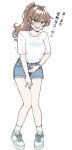  1girl aqua_nails bare_legs blue_shorts blush brown_hair clothes_writing commentary_request crew_neck cutoffs double-parted_bangs earrings fingernails full_body green_eyes hair_intakes highres jewelry knees_together_feet_apart long_hair makitanaru nail_polish nervous_smile open_mouth pigeon-toed ponytail shirt shirt_tucked_in shoes short_shorts short_sleeves shorts simple_background smile sneakers socks solo standing star_(symbol) star_earrings t-shirt tatsumigahara-san_no_ai_kara_wa_nigerarenai tatsumigahara_midori translation_request white_background white_shirt white_shoes white_socks 