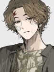  1boy animification bandaid bandaid_on_cheek bandaid_on_face blood blood_on_face brown_eyes brown_hair brown_shirt closed_mouth dirty dirty_face earrings frown highres jewelry kamen_rider kamen_rider_gavv_(series) keita_kg85 lakia_amarga looking_to_the_side male_focus open_clothes open_shirt shirt short_hair simple_background solo undershirt upper_body white_background 