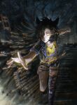 1girl absurdres air_shakur_(umamusume) air_shakur_(unsigned)_(umamusume) animal_ears black_hair black_jacket black_shorts black_thighhighs commentary cropped_jacket eye_trail eyebrow_piercing face_piercing glowing glowing_eye highres horse_ears horse_girl horse_tail jacket light_trail long_hair looking_at_viewer math monolupin paint_on_clothes parted_lips piercing running shirt short_sleeves shorts single_thighhigh solo tail thigh_strap thighhighs torn_clothes torn_thighhighs umamusume yellow_eyes yellow_shirt 