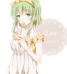  blush collarbone dress flower green_eyes green_hair gumi hair_ribbon hiro_(hirohiro31) ribbon smelling_flower solo vocaloid white_dress 