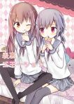  2girls :q amakaze_sora argyle_background bed black_pantyhose blush brown_eyes brown_hair closed_mouth comiket_89 commentary_request cream_on_finger cream_on_hands crepe food food_on_hand grey_hair grey_sailor_collar grey_skirt grey_thighhighs hands_up heart holding holding_food long_hair long_sleeves low_twintails multiple_girls neckerchief no_shoes on_bed original pantyhose parted_lips pleated_skirt puffy_long_sleeves puffy_sleeves purple_eyes purple_neckerchief sailor_collar school_uniform serafuku shirt short_hair short_twintails sitting skirt smile thighhighs tongue tongue_out twintails white_shirt 