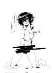  1girl ahegao black_hair blush box45366226 censored chinese_text commentary_request cuffs highres monochrome open_mouth original partially_undressed sample_watermark scar shirt short_hair sweat teeth translation_request upper_teeth_only watermark 