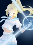  1girl blonde_hair blue_background blush breasts closed_mouth commentary_request green_eyes highres holding holding_poke_ball lillie_(pokemon) long_hair looking_at_viewer matsuokalive10 medium_breasts midriff navel pleated_skirt poke_ball pokemon pokemon_sun_and_moon ponytail skirt solo white_skirt 
