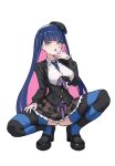  1girl :o absurdres alternate_breast_size_(larger) beret between_breasts black_hat black_jacket black_shoes black_skirt blue_hair blue_nails blue_necktie blunt_bangs blush breasts buttons clothes_between_breasts collared_shirt colored_inner_hair commentary earrings eyelashes frilled_skirt frills full_body green_eyes gyaru hand_up hat high_heels highres honekoneko_(psg) jacket jewelry kogal kt579 large_breasts long_hair long_sleeves looking_at_viewer miniskirt multicolored_hair nail_polish necktie necktie_between_breasts open_mouth outstretched_hand panty_&amp;_stocking_with_garterbelt panty_(psg) pink_hair plaid_clothes plaid_skirt pleated_skirt school_uniform shirt shoes skirt solo squatting stocking_(psg) straight_hair striped_clothes striped_thighhighs stud_earrings thighhighs very_long_hair white_shirt 