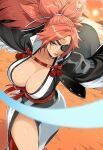  1girl absurdres artist_name baiken big_hair black_jacket breasts cleavage closed_mouth cloud commentary eyepatch facial_tattoo guilty_gear guilty_gear_strive highres jacket jacket_on_shoulders large_breasts long_hair looking_at_viewer one-eyed open_clothes open_jacket outdoors pink_hair red_eyes red_sash sash scar scar_across_eye scar_on_face skull_print solo sun tattoo yiiande 
