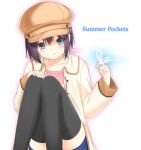  1girl black_thighhighs blue_butterfly blue_eyes blue_shorts brown_hat bug butterfly commentary_request convenient_leg copyright_name feet_out_of_frame glowing_butterfly hair_between_eyes hand_on_own_knee hands_up hat jacket knees_up long_sleeves looking_at_animal medium_hair nanami_(summer_pockets) newsboy_cap open_clothes open_jacket otou_(otou_san) purple_hair shorts simple_background sitting solo summer_pockets thighhighs white_background wide_sleeves yellow_jacket 
