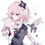  1girl ? animalization black_fur black_gloves collared_dress commentary doodle_inset dress e9_f72 evernight_(honkai:_star_rail) flower gloves hair_between_eyes hair_flower hair_intakes hair_ornament hairclip highres holding honkai:_star_rail honkai_(series) light_smile long_hair looking_at_another march_7th_(honkai:_star_rail) march_7th_(march_bunny)_(honkai:_star_rail) parallel_hairclips pink_fur pink_hair rabbit red_eyes spoken_question_mark teeth_print two-tone_fur untranslatable_commentary very_long_hair white_background 