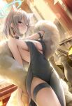  1girl absurdres animal_ear_fluff animal_ears bare_shoulders blue_archive blue_eyes blush breasts cleavage commentary covered_navel cross_hair_ornament dress extra_ears fur_shawl grey_dress grey_hair hair_ornament halo highres looking_at_viewer medium_breasts medium_hair rable shawl shiroko_(blue_archive) side_slit sidelocks solo wolf_ears 