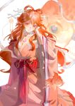  1girl absurdres arknights breasts chinese_clothes chinese_commentary cleavage collarbone commentary_request coral_hair_ornament cowboy_shot dress earrings faas feixianji_(hairstyle) fish goldfish hair_ornament hair_rings hair_stick hanfu haruka_(arknights) haruka_(stranded_in_utopia)_(arknights) head_tilt highres jewelry long_dress long_hair looking_at_viewer official_alternate_costume open_collar open_mouth orange_dress pointy_ears red_eyes red_hair simple_background solo very_long_hair white_background 