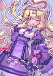  1girl alternate_costume blonde_hair blush bow bowtie breasts chinese_commentary commentary_request dress gap_(touhou) gradient_background grid_background hair_bow hat hat_ribbon highres jacket long_hair looking_at_viewer medium_breasts mob_cap multiple_hair_bows one_eye_closed open_clothes open_jacket open_mouth outline purple_background purple_bow purple_bowtie purple_dress purple_eyes purple_jacket red_bow red_ribbon ribbon shouxishao_jiuyuan solo touhou very_long_hair white_hat white_outline yakumo_yukari 