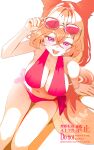  1girl absurdres animal_ears aviator_sunglasses bare_arms bare_legs bikini blue_archive breasts commentary_request eyewear_on_head feet_out_of_frame fox_ears from_above highres large_breasts long_hair looking_at_viewer navel open_mouth orange_hair purple_eyes red_bikini rumi_(blue_archive) rumi_(swimsuit)_(blue_archive) simple_background sitting solo sunglasses swimsuit white_background yamaharu_(xxzf7284) 