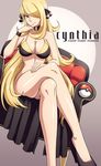  bikini bikini_top blonde_hair bottomless breasts character_name choker crossed_legs hair_ornament hair_over_one_eye high_heels large_breasts long_hair no_socks pokemon pokemon_(game) pokemon_dppt scott_bennett shirona_(pokemon) smile solo swimsuit very_long_hair vivivoovoo wristband yellow_eyes 