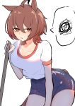  1girl absurdres agnes_tachyon_(umamusume) ahoge animal_ears blue_one-piece_swimsuit blush brown_hair commentary_request competition_school_swimsuit earrings hair_between_eyes highres horse_ears horse_girl horse_tail jewelry leaning_forward looking_at_viewer medium_hair minmin731_ing one-piece_swimsuit parted_lips red_eyes school_swimsuit shirt short_sleeves single_earring single_vertical_stripe solo spoken_squiggle squiggle swimsuit swimsuit_under_clothes tail tracen_swimsuit umamusume white_shirt 